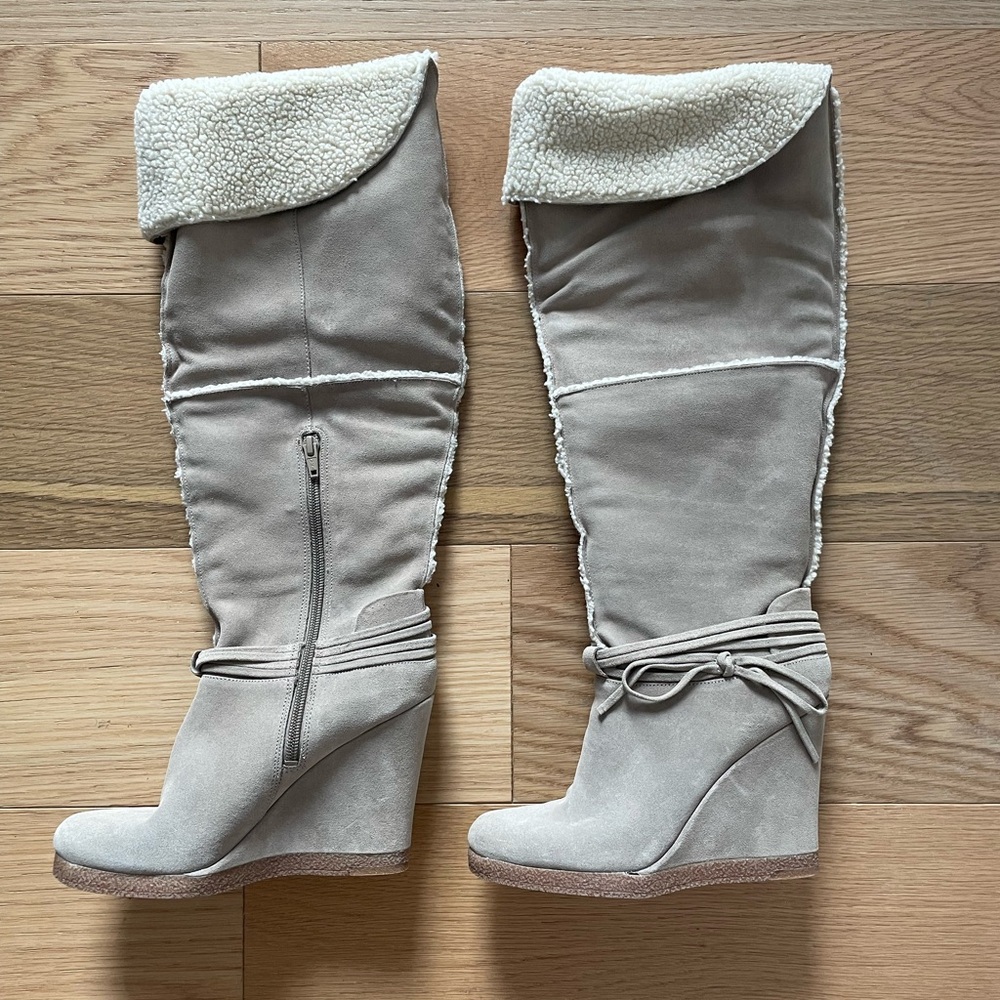 New Women's Suede Wedge Faux Fur Knee High Boots